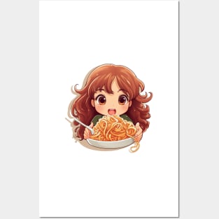 Cute Girl Eating Spaghetti Posters and Art